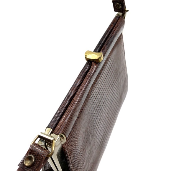 Vintage Brown Exotic Lizard Skin Kiss Lock Handbag - Picture 8 of 10